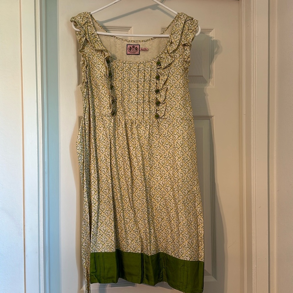 Juicy Couture Dress- Geo print, Green button “Bib” style detail, tie back SZ 10